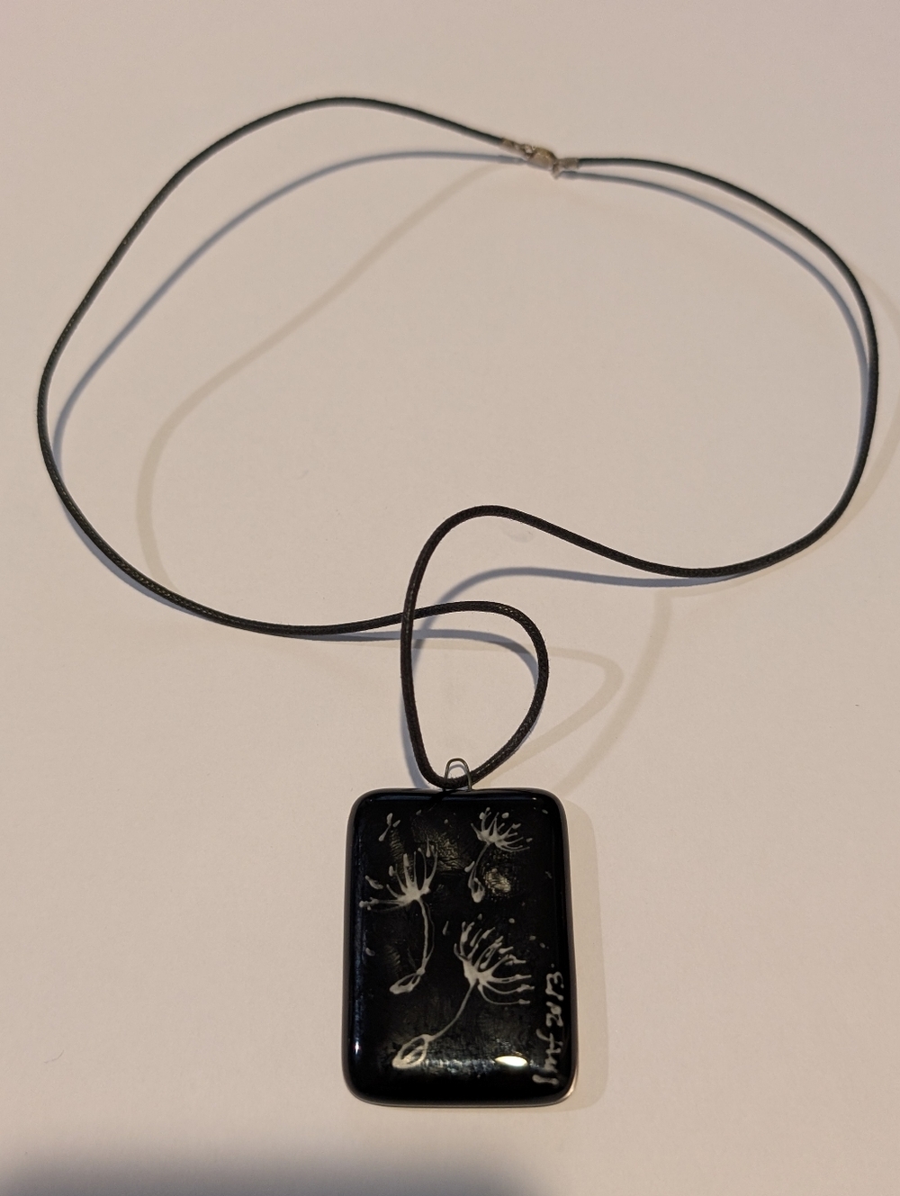 Handblown Black Glass Dandelion Pendant On Cord With 925 Silver Clasp